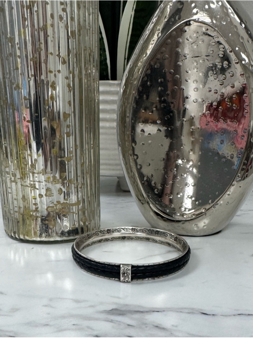 Brighton Bangle Bracelet with black leather accents.